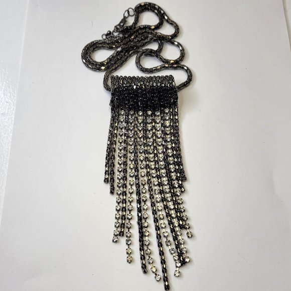 Gunmetal Tone Long Necklace with Crystals Tassels - Picture 6 of 15